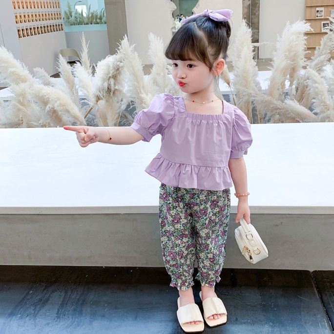 Girls summer western style 2021 new children's Korean version of the net red summer baby floral mosquito pants two-piece suit