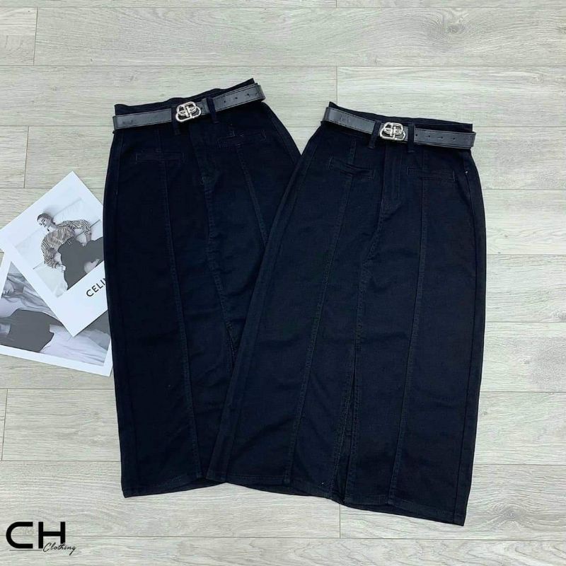 Chân váy jeans dài xẻ kèm đai chữ B hàng QCL1
