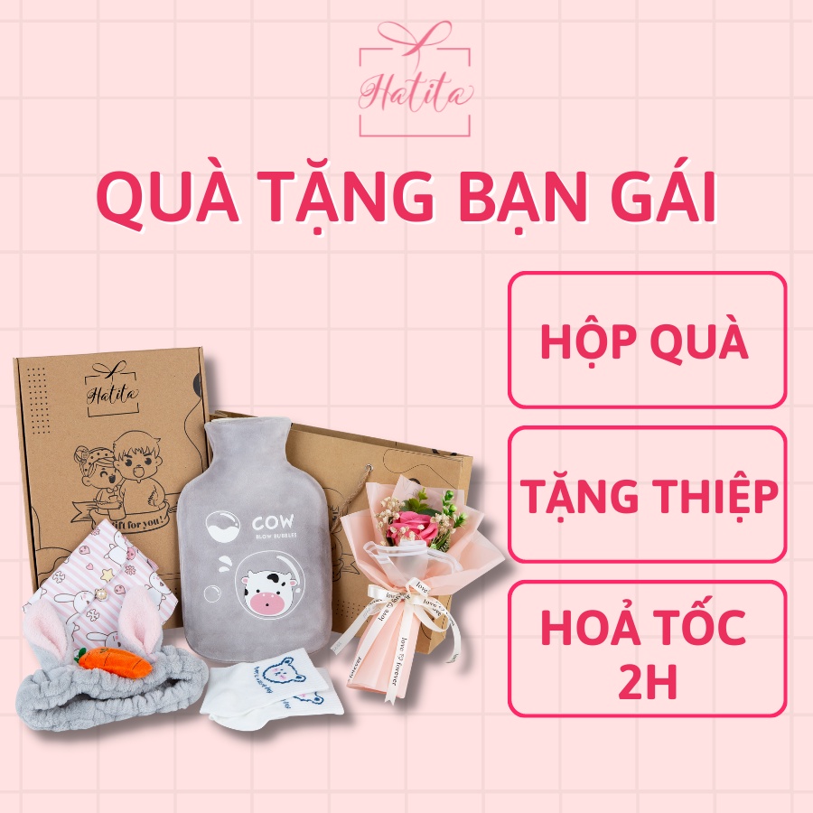 Túi chườm nóng đau bụng kinh Hatita Grey Cow 1000ml - 5 món sưởi ấm giữ nhiệt giảm đau bụng Quà tặng bạn gái, 20-10