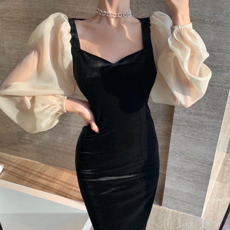 Đầm body nhung phối tay voan xoè