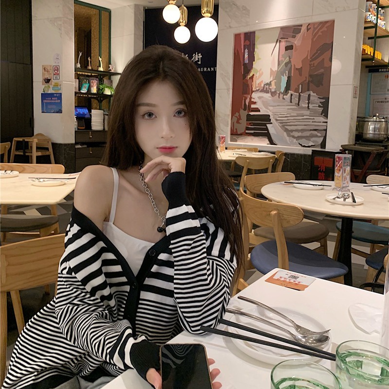 Áo Khoác Cardigan Dệt Kim Tay Dài Cổ Chữ V Hoạ Tiết Kẻ Sọc Cho Phái Nữ