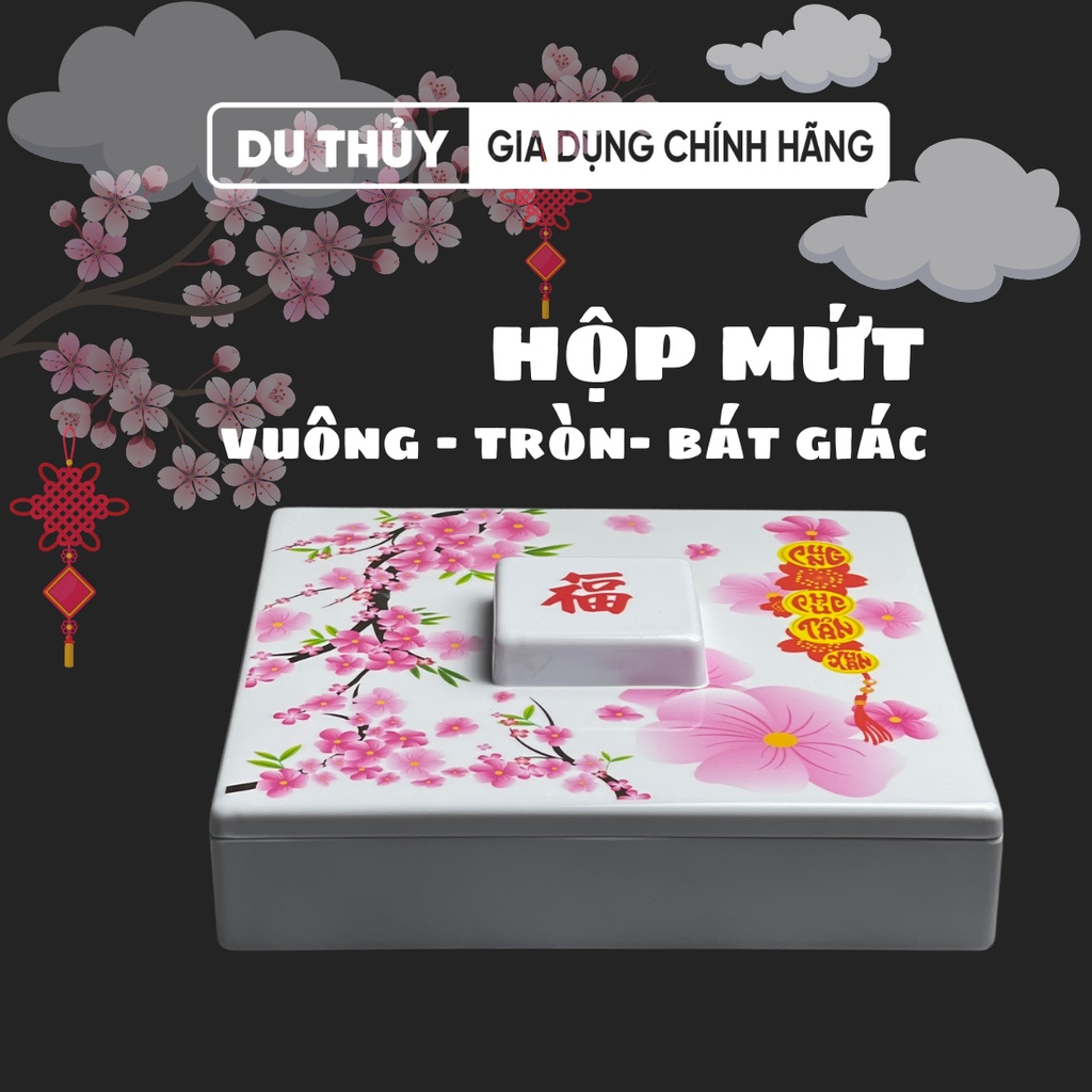Hộp đựng mứt tết nhiều ngăn nhựa cao cấp họa tiết hoa đào, hoa mai, dưa hấu màu hồng màu đỏ