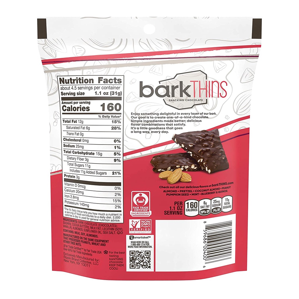 SOCOLA ĐEN HẠT HẠNH NHÂN - MUỐI BIỂN barkTHINS Dark Chocolate Almond with Sea Salt, 133g (4.7oz)