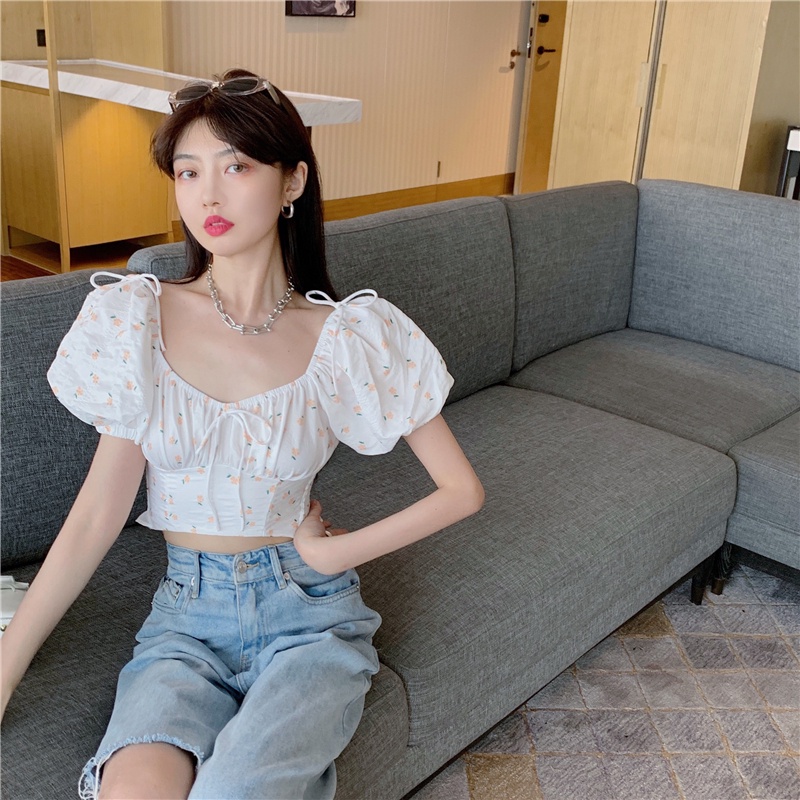 Áo croptop tay phồng cổ chữ V in họa tiết hoa kiểu Hàn Quốc thời trang mùa hè tùy chọn màu sắc cho nữ