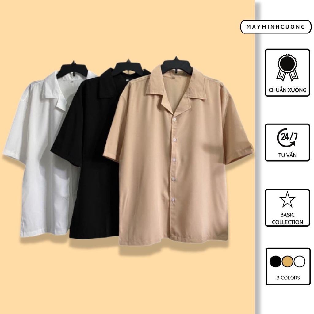Áo sơ mi tay ngắn nam nữ form rộng, sơ mi cổ vest unisex Hàn Quốc, chất vải lụa dãn - Hàng nhập khẩu
