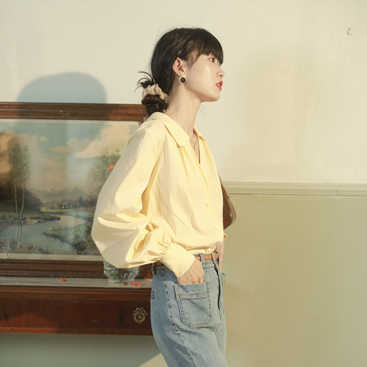 Áo Sơ Mi Tay Phồng Màu Trơn Phong Cách Retro Thanh Lịch Dành Cho Nữ