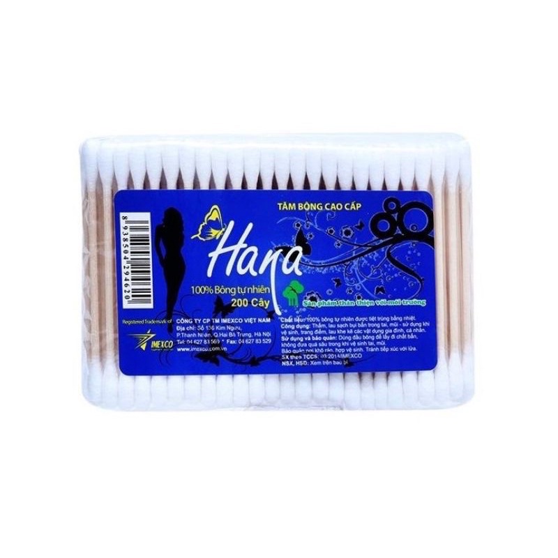 Tăm bông thân gỗ hana 100 que, hộp 200 , que nhựa hana 100 cây túi