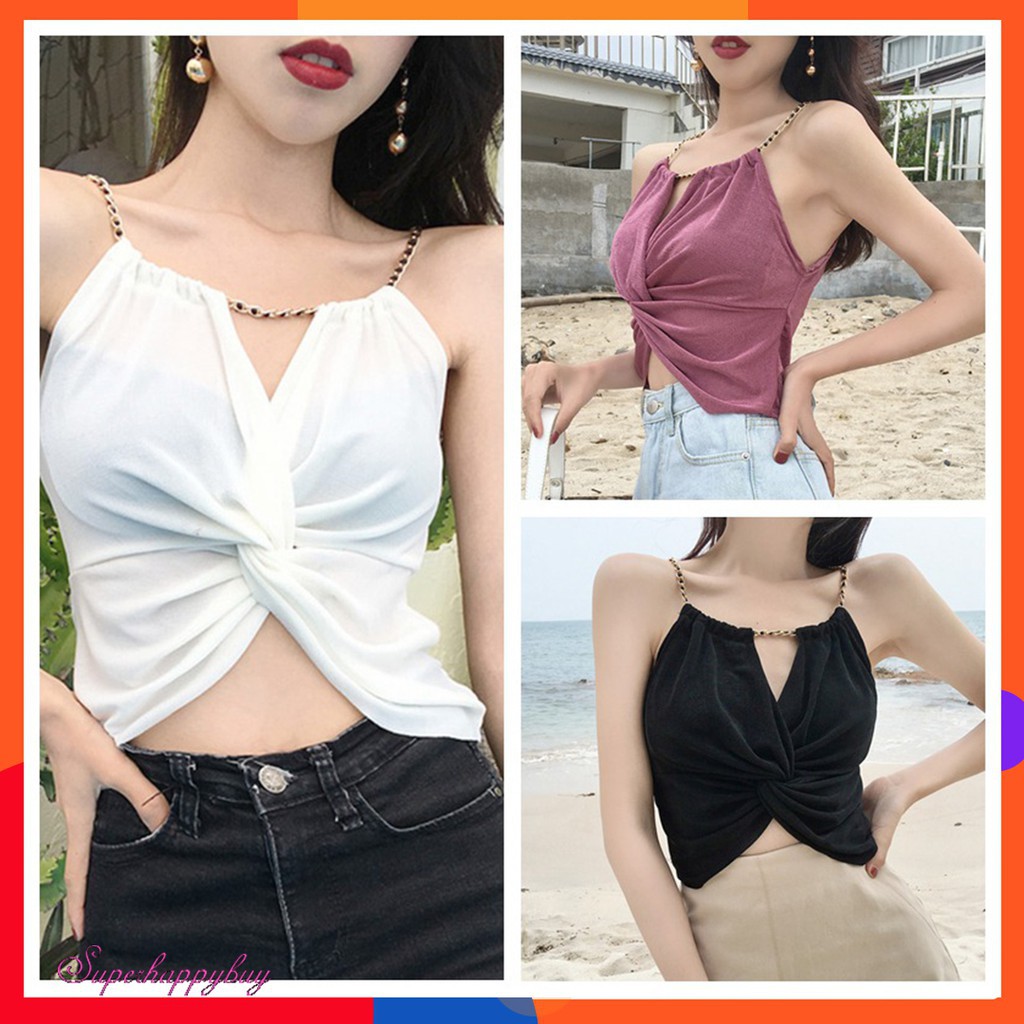 Áo tanktop nữ không tay phối chuỗi xích kim loại đeo cổ phong cách Hongkong