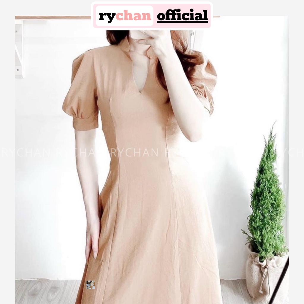 Đầm Váy Nữ Dự Tiệc Sang Trọng Cổ Trụ Tay Phồng Ngắn, Đầm Nữ Form Dài Màu Kem Đỏ [ẢNH THẬT CUỐI] - DX9918