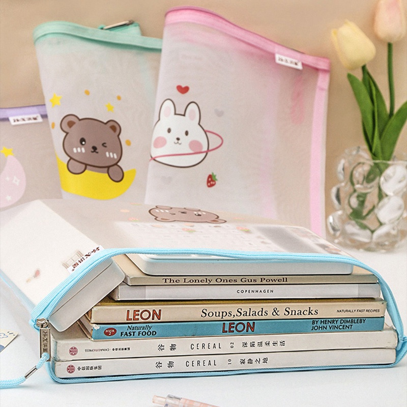 Túi Đựng Bút Trong Suốt Phối Lưới Có Khóa Kéo Họa Tiết Hoạt Hình Dễ Thương Ốp