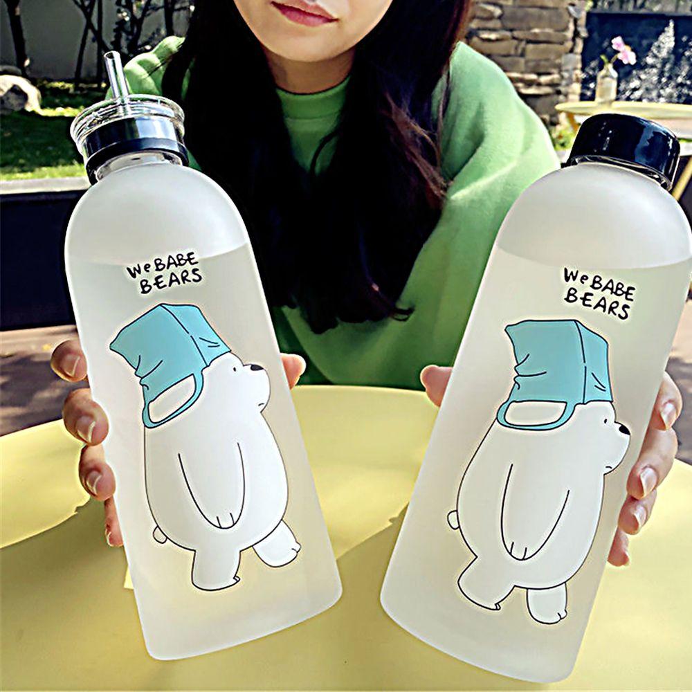 Bình Nước Nhựa Trong Suốt 1000ML Kèm Ống Hút In Hoạ Tiết Hoạt Hình Xinh Xắn