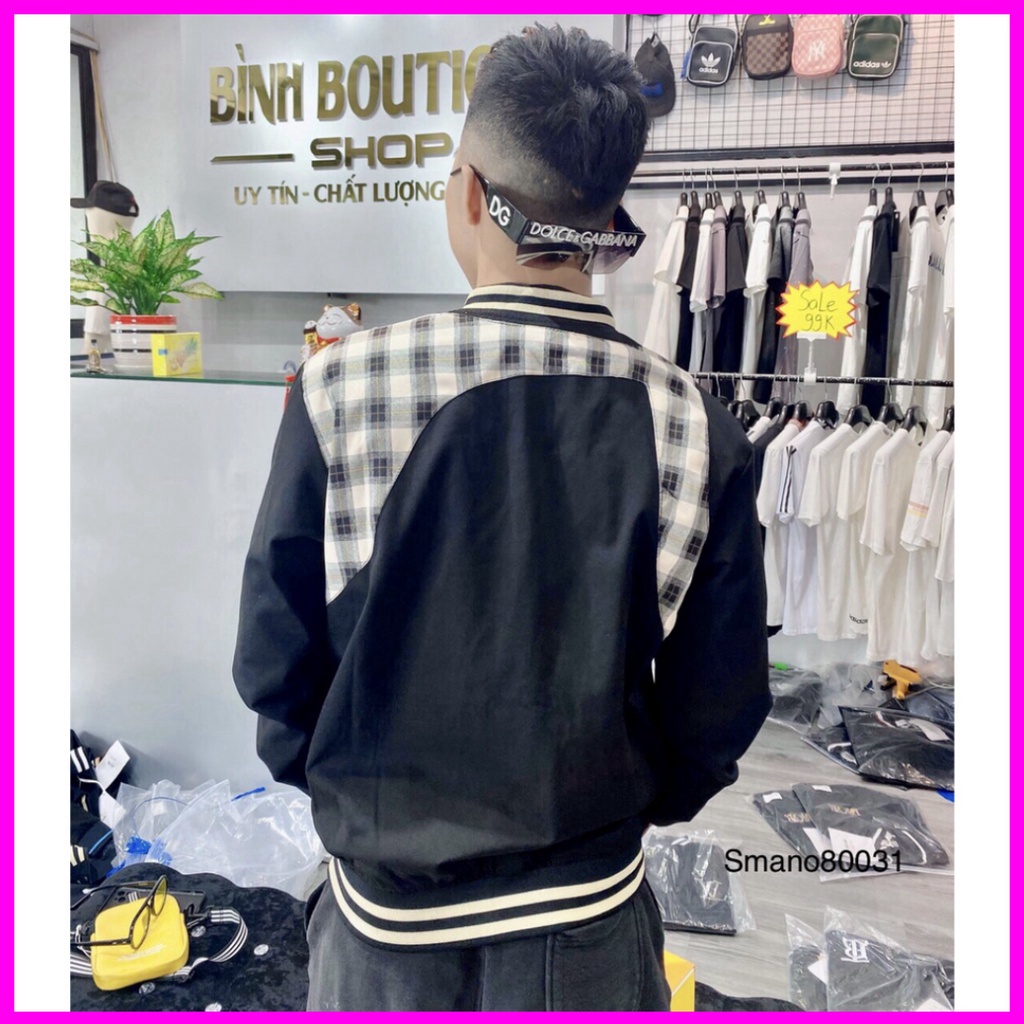 Áo khoác bomber nỉ kẻ lưng caro from dáng unisex phù hợp cả nam nữ. wkshop