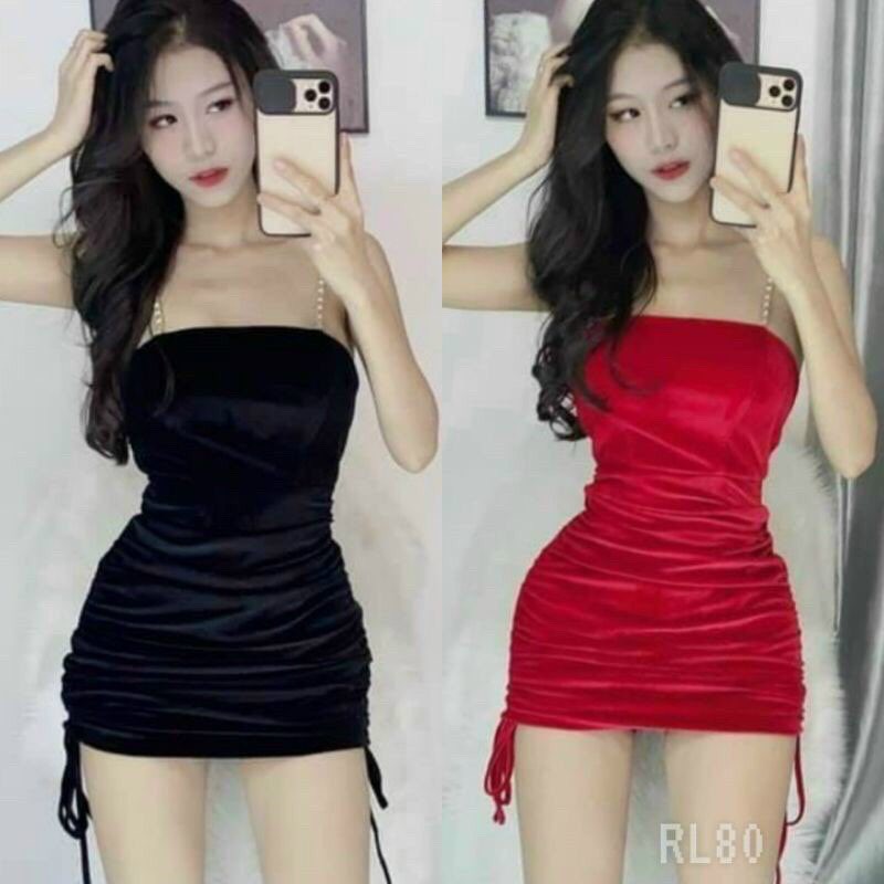 Đầm Body Nhung Dây Xích Rút Hai Bên