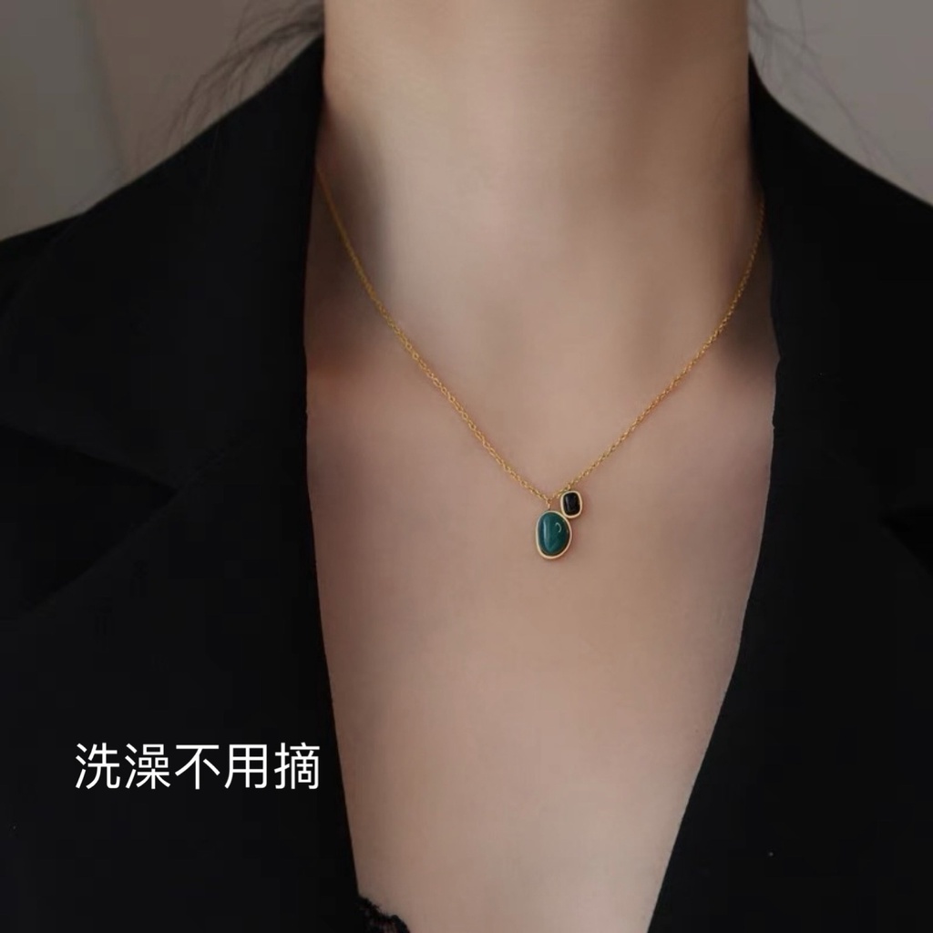 Bông Tai Dây Chuyền Đôi Bằng Thép Titan Vân Cẩm Thạch Màu Xanh Lá Đen Tự Nhiên Không Phai Màu