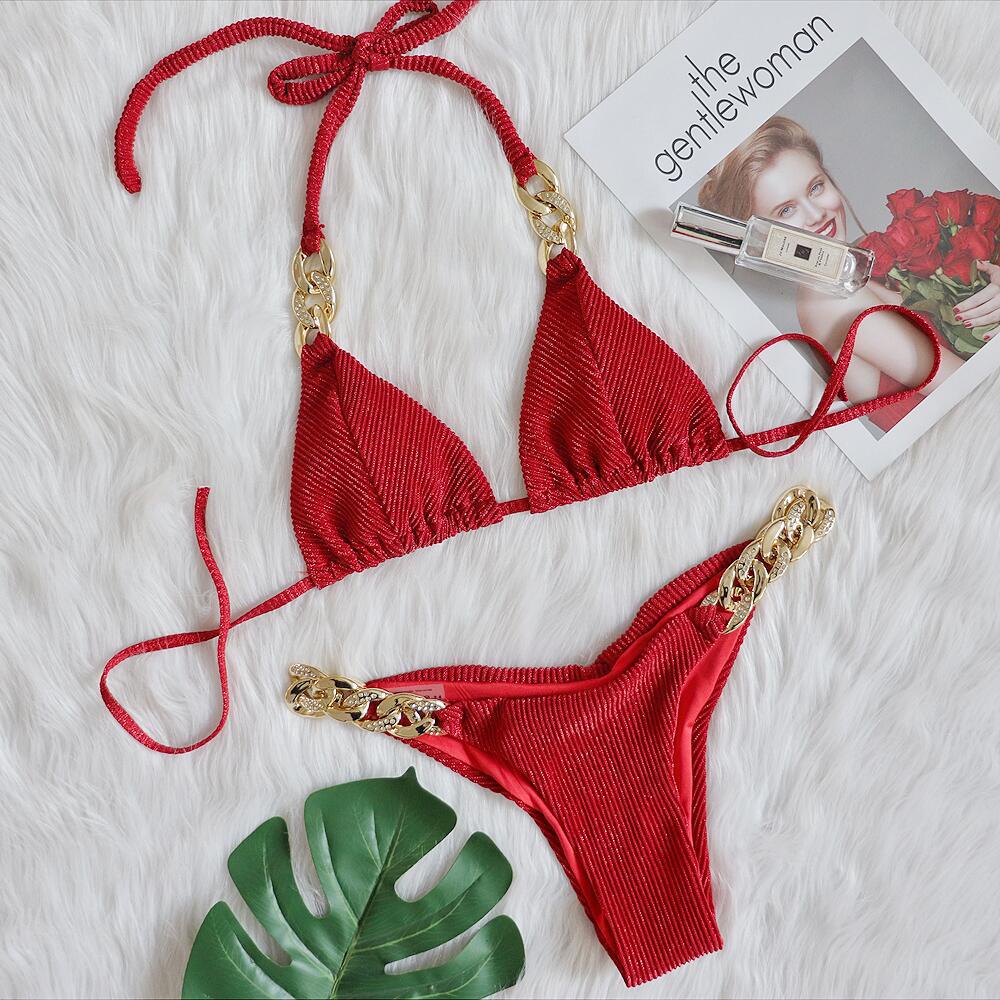 Bộ Đồ Bơi Bikini Phối Dây Xích Màu Vàng Kim Phong Cách Âu Mỹ Hàng Mới Quyến Rũ Dành Cho Nữ