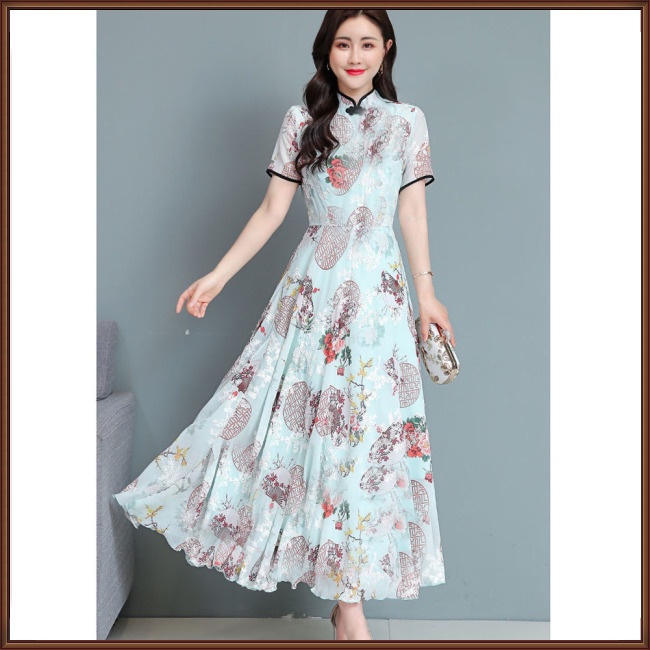 Đầm Sườn Xám Lưng Cao In Họa Tiết Hoa Phong Cách Trung Hoa Thời Trang Cho Phụ Nữ Trung Niên