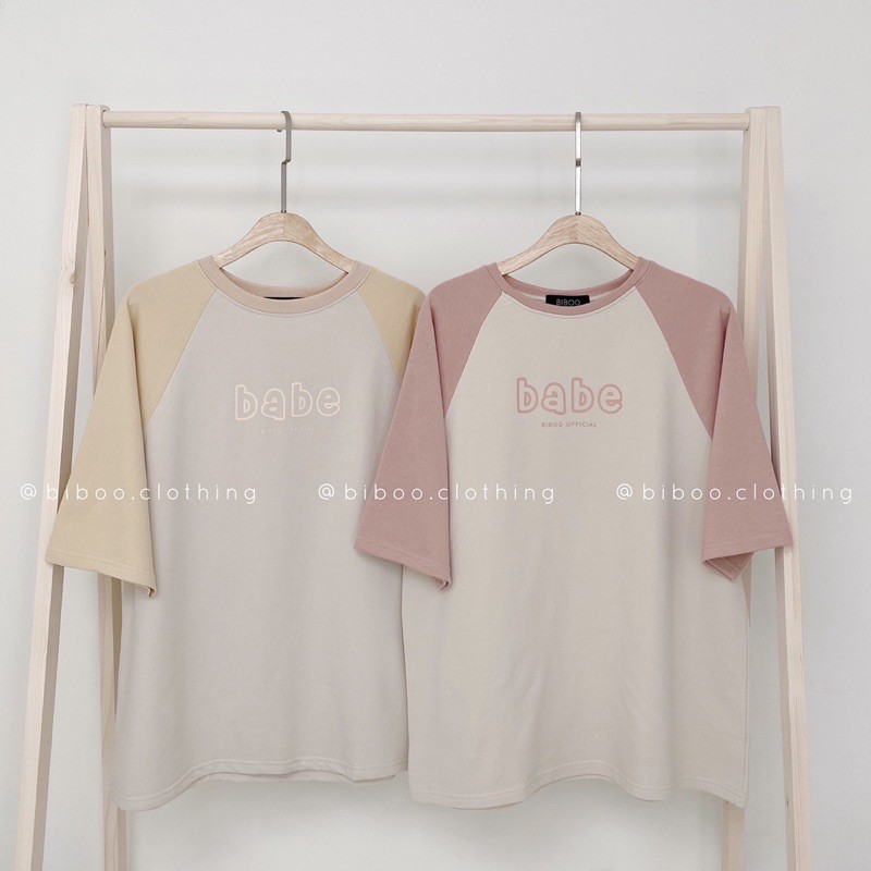 BIBOO - Áo thun raglan tay lửng form rộng in chữ BABE