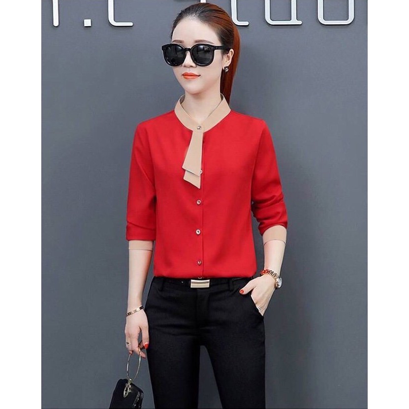 Áo sơ mi nơ cổ trụ phối nơ cravat màu be - NSM16