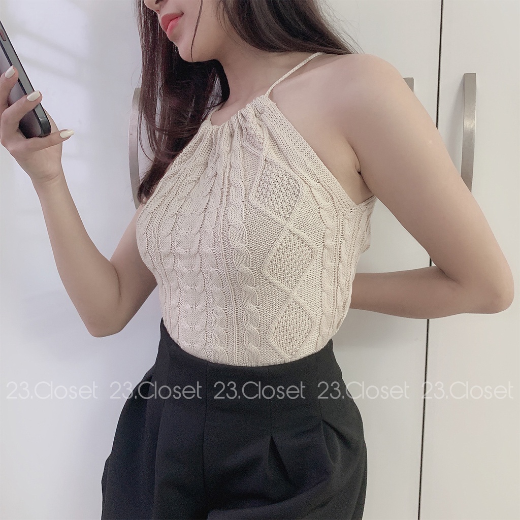 Áo cổ yếm nữ 23Closet áo yếm nữ hai dây hở lưng len thừng dáng croptop cột dây sau ALY01
