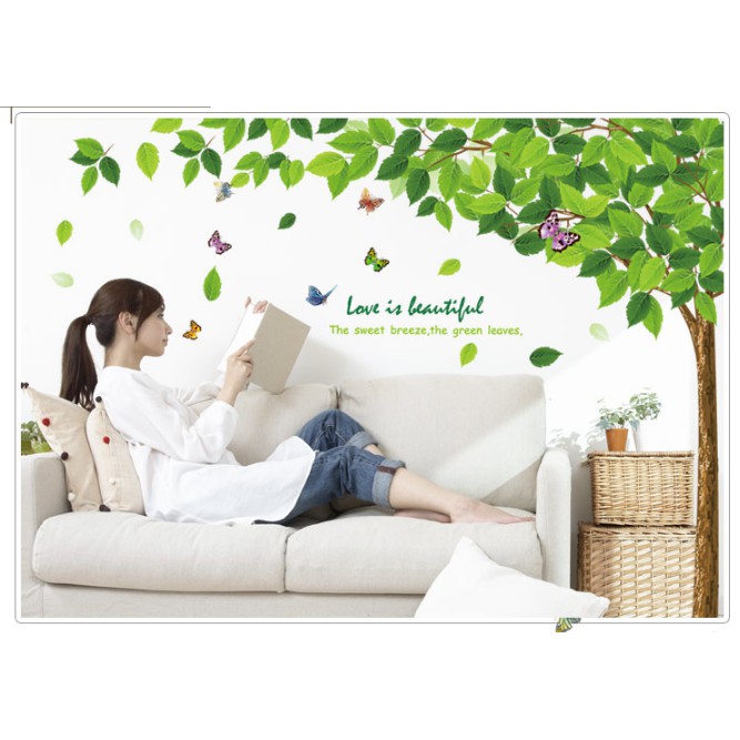 Decal trang trí Cây Lá Xanh Hoa Bướm kèm chữ