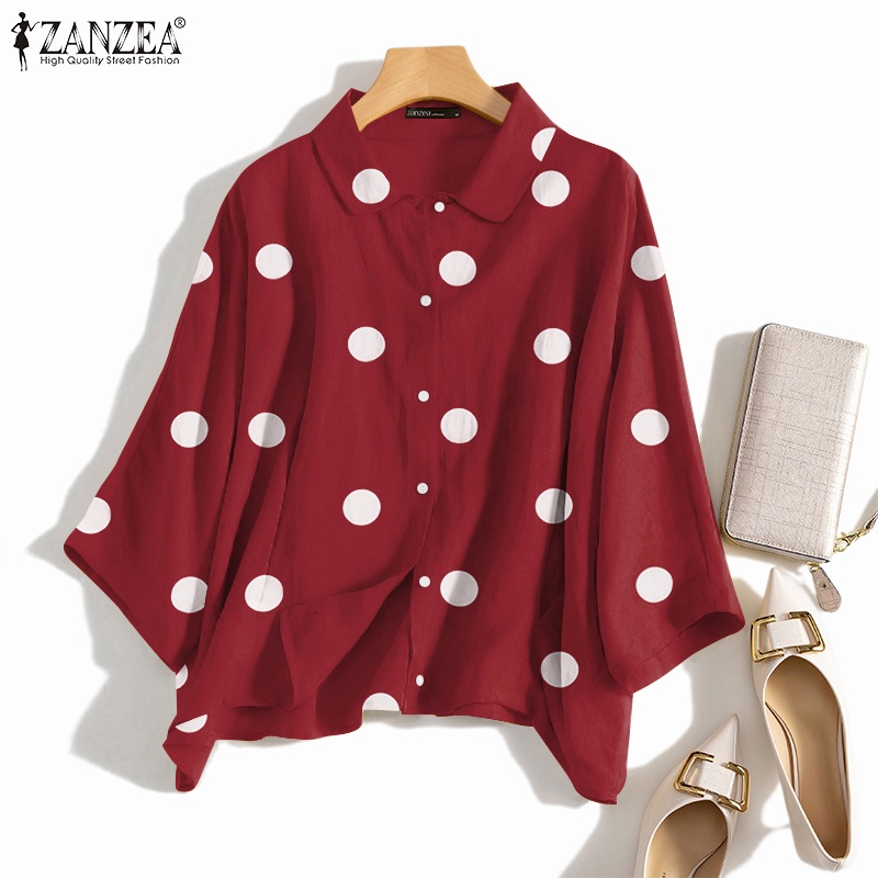 ZANZEA Áo Sơ Mi Nữ Tay Dài Cổ Bẻ Họa Tiết Chấm Bi Thời Trang