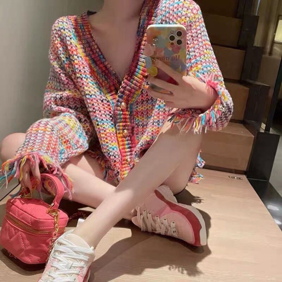 Áo khoác cardigan dệt kim nhiều màu sắc cổ chữ V dáng rộng thời trang mùa thu 2021 mới thời trang