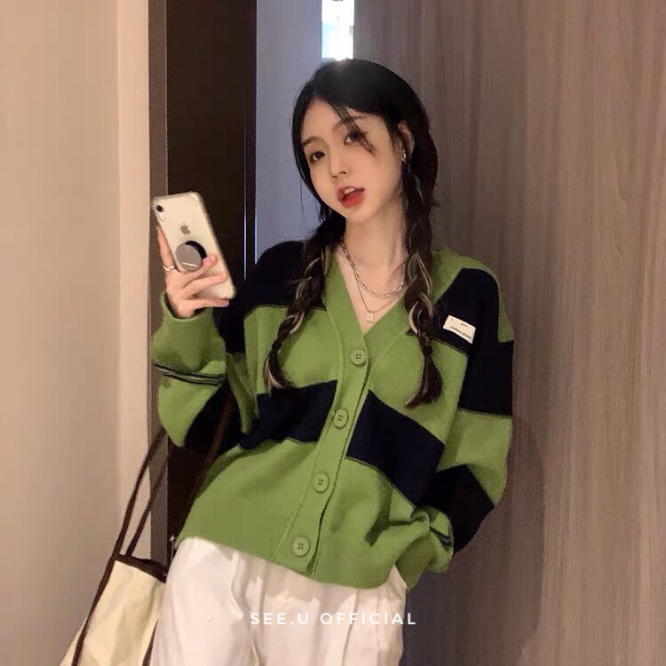 Áo Cardigan Len Dệt Kim Sọc Xanh Đen Chất Len Acrylic Dày Dặn, Mềm Mịn - See.U Official | BigBuy360 - bigbuy360.vn