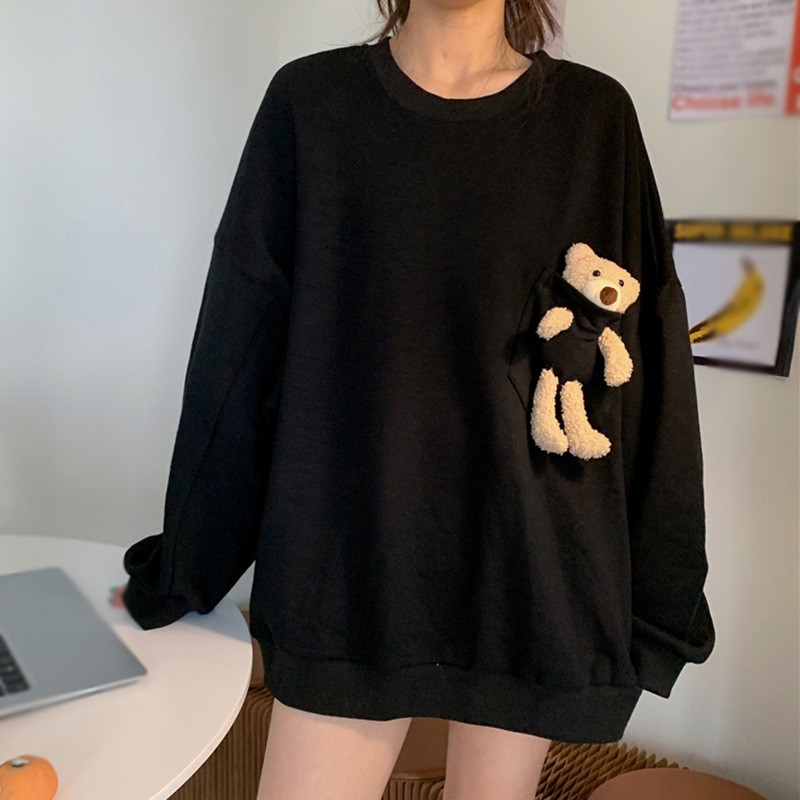 Áo Sweater Tay Dài Dáng Rộng In Hình Gấu Xinh Xắn Phong Cách Hàn Quốc Cho Nữ