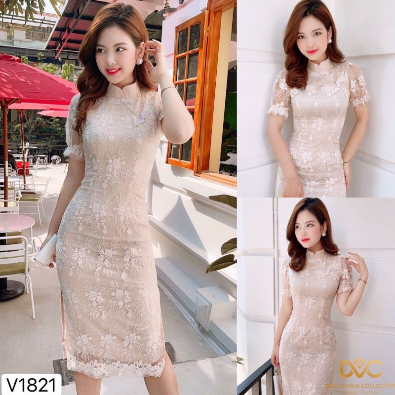 [VÁY ĐI TIỆC CAO CẤP] Váy ren body cổ điển thiết kế cổ Tàu V1821 (Kèm ảnh thật trải sàn do chị chủ shop DVC tự chụp) | BigBuy360 - bigbuy360.vn