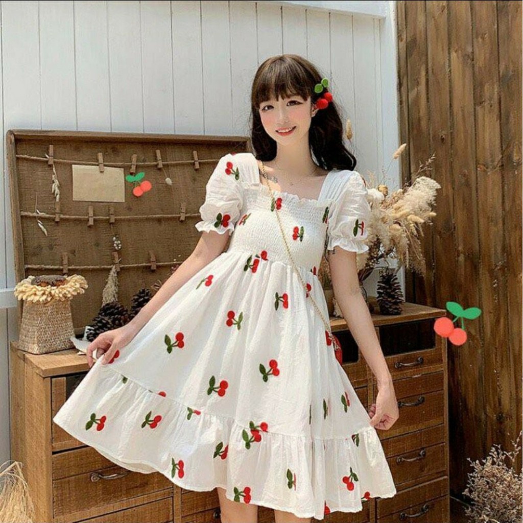 [SALE HÈ 2021] Đầm đẹp Thời Trang kiểu dáng Baby doll, Váy Xòe họa tiết quả cherry xinh xắn, Đầm xòe chữ A tay ngắn