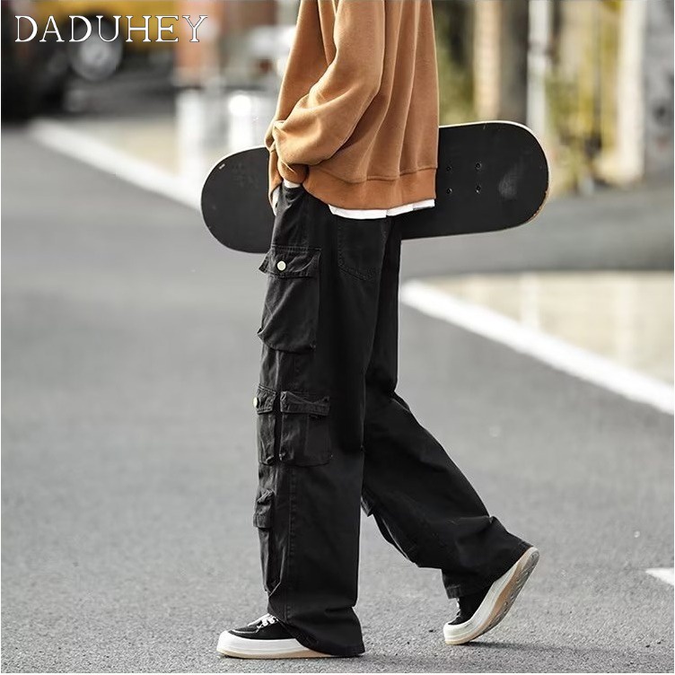 DaDuHey Men's Fashionable Loose Casual Straight Pants Korean-Style Ins High Street Retro Solid Color Overalls