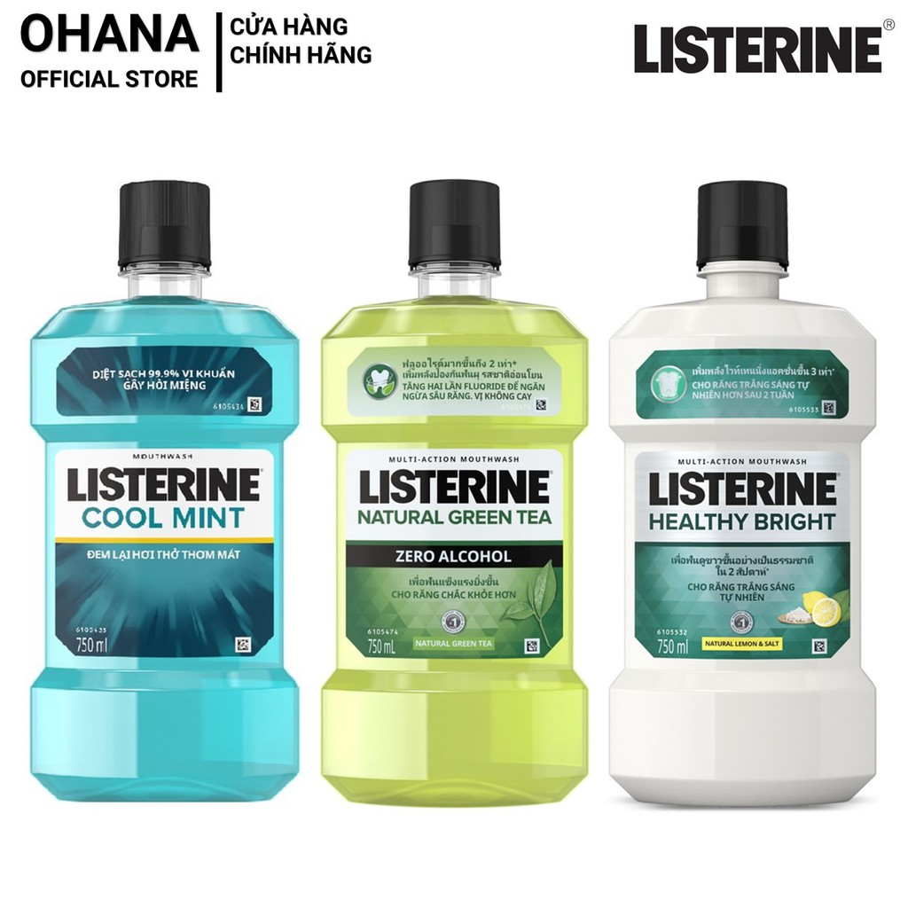 Nước Súc Miệng Listerine Diệt Khuẩn, Giữ Hơi Thở Thơm Mát, Làm Trắng Sáng Răng 750ml (Nhiều Loại)