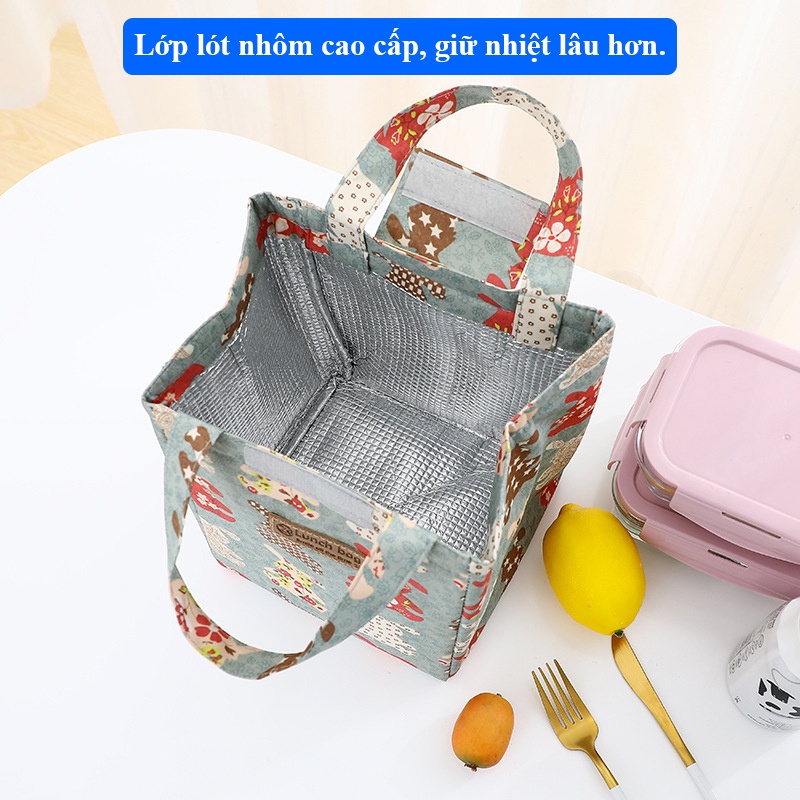 Túi đựng hộp cơm giữ nhiệt văn phòng hình chữ nhật có lớp lót bạc bên trong nhiều màu sắc thiết kế dễ thương