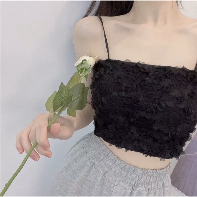 áo 2 dây croptop ren hoa hồng siêu xinh - Áo bra quây crop xinh xắn màu hồng đen trắng mặc cùng vest đẹp
