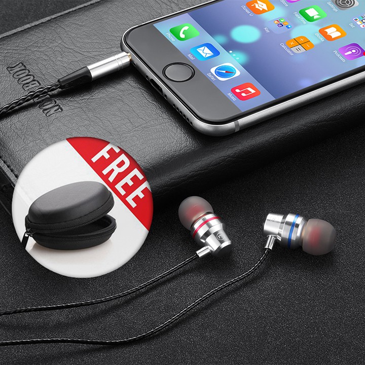 Tai nghe kim loại cao cấp L1 có mic, dây siêu bền, khuyến mãi tặng hộp đựng + nút tai