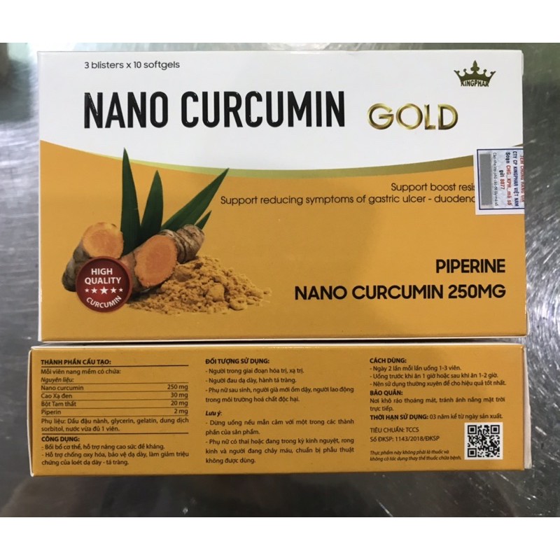 NANO CURCUMIN GOLD Kingphar - Giảm các triệu chứng viêm loét dạ dày- tá tràng ( Hộp 30 viên )