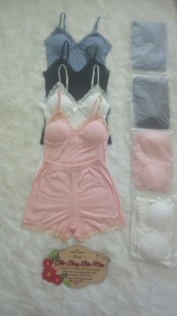 Bộ đồ ngủ nữ 2 dây phối ren có đệm ngực (Hàng có sẵn, video cận chất) | BigBuy360 - bigbuy360.vn