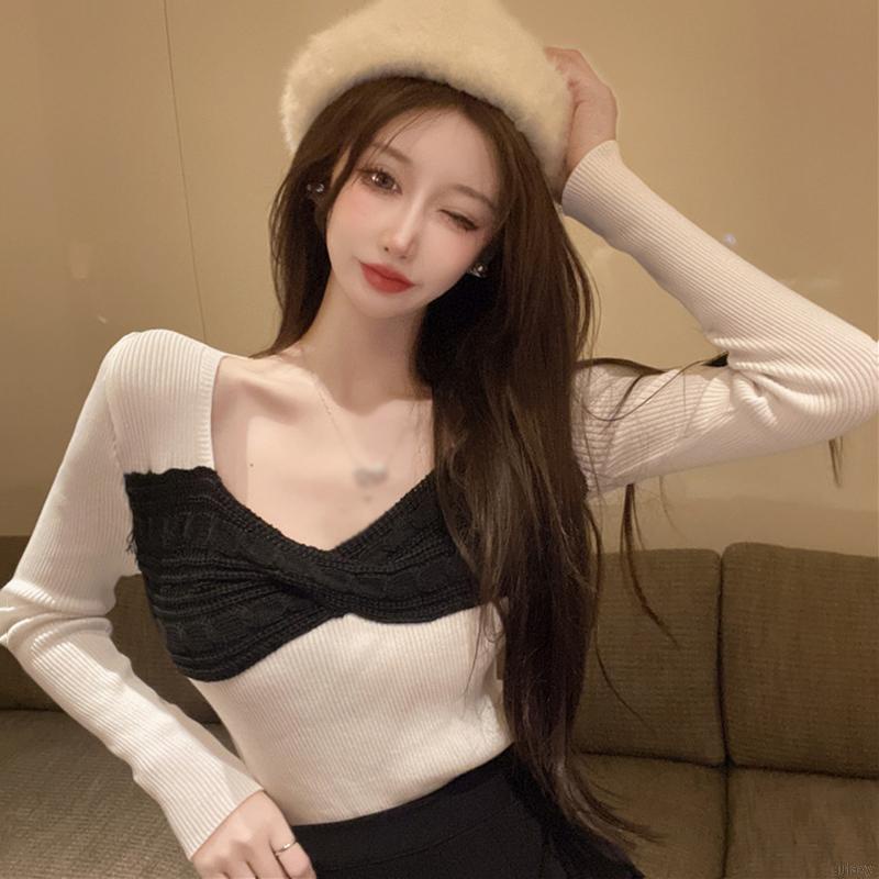 Áo dệt kim tay dài cổ vuông màu sắc cổ điển phong cách Hàn Quốc thời trang cho nữ