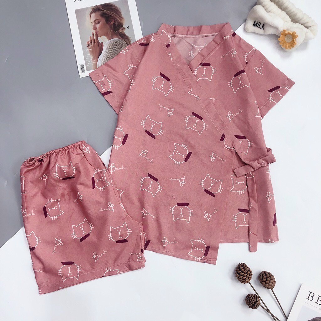 Bộ Đồ Ngủ Nữ Mặc Nhà Ngắn Tay Pijama Kimono Cộc Tay Vạt Chéo Họa Tiết Dễ Thương
