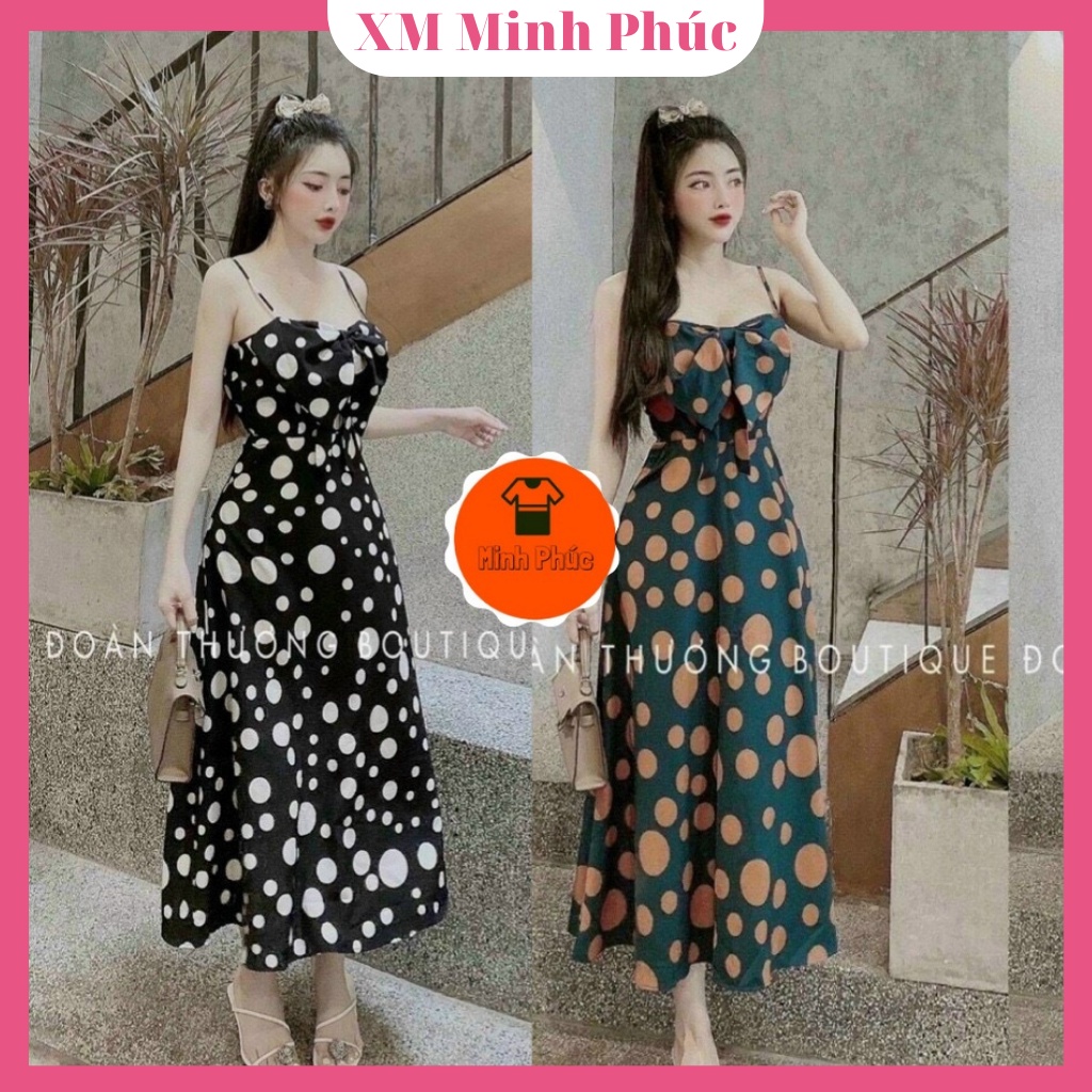 Đầm Lụa 2 Dây Dáng Dài Maxi, Đầm Xòe Dự Tiệc Chấm Bi Sang Chảnh Có Mút Ngực Kèm Túi Siêu Xinh Thời Trang Nữ Minh Phúc