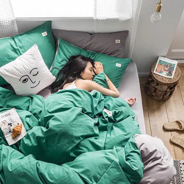 Set Chăn ga gối Cotton Tici - Rêu sáng mix ghi.