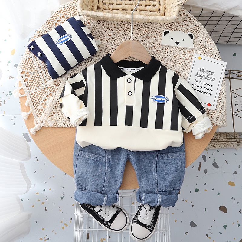 Bộ Áo Sơ Mi Tay Dài Cổ Bẻ + Quần Denim Thời Trang Mùa Hè Cho Bé Trai 1-4 Tuổi