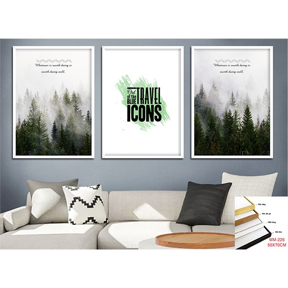 Combo Set 3 Bộ Bức Tranh Treo Tường Canvas Rừng Cây Thông Tuyết Trắng Bắc Âu Động Lực Never Stop Love Living - MELYHOME