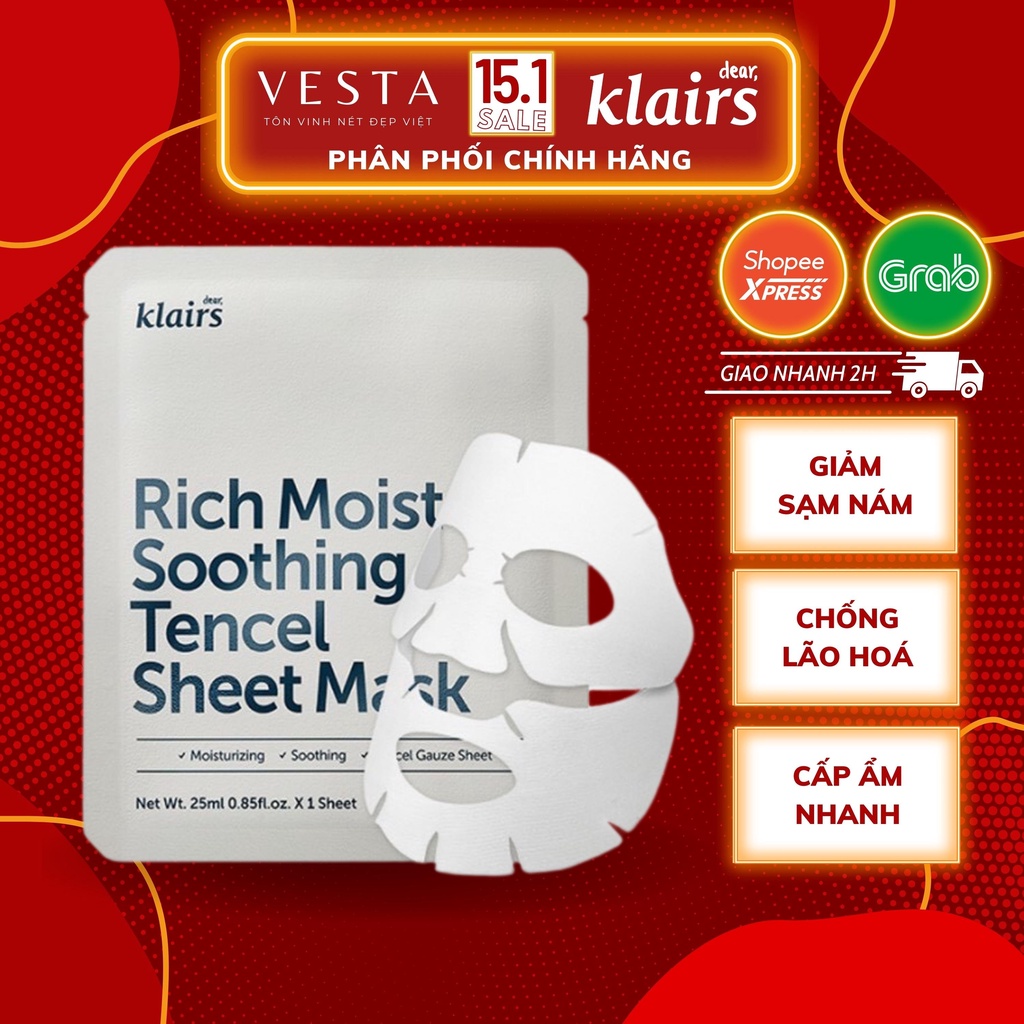 Mặt Nạ Klairs Rich Moist Soothing Tencel Sheet Mask 25ml Dưỡng Ẩm Bảo Vệ Da