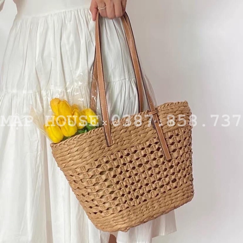 Túi cói quai da cao cấp- Túi xách cói vintage size to đeo vai siêu tiện lợi