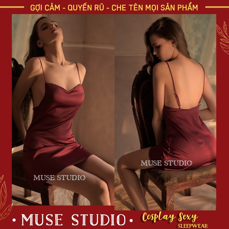 Váy đầm ngủ sexy - Váy ngủ hai dây cổ đổ vải phi bóng cao cấp gợi cảm