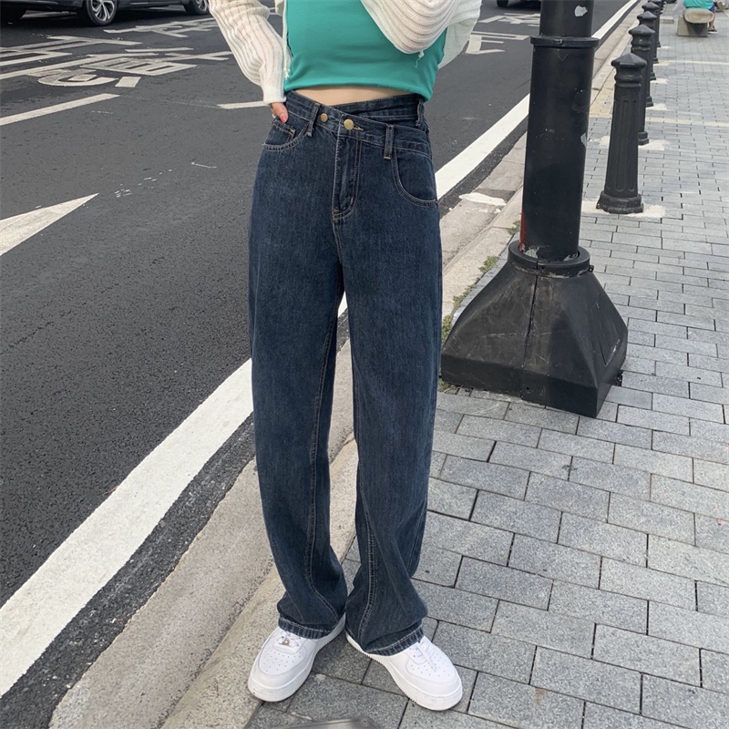 Xiaozhainv Quần jeans lưng cao dáng rộng phong cách Hàn Quốc dành cho nữ