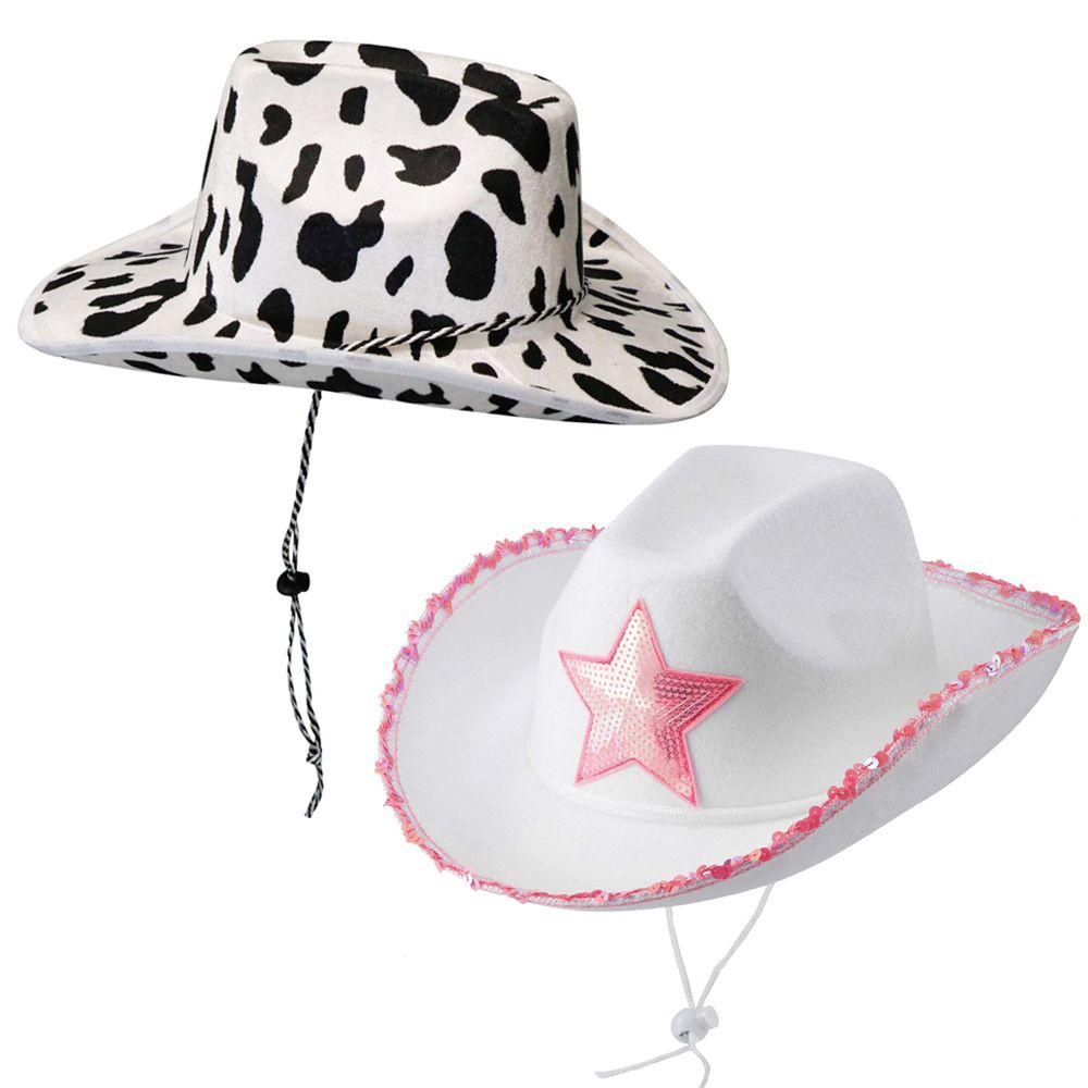 CACTU Unisex White Cowgirl Hat Play Dress-Up Pink Star Cow Girl Hat Neck Draw String Costume Party Women Girls Adjustable Adult Size Cowboy Hat