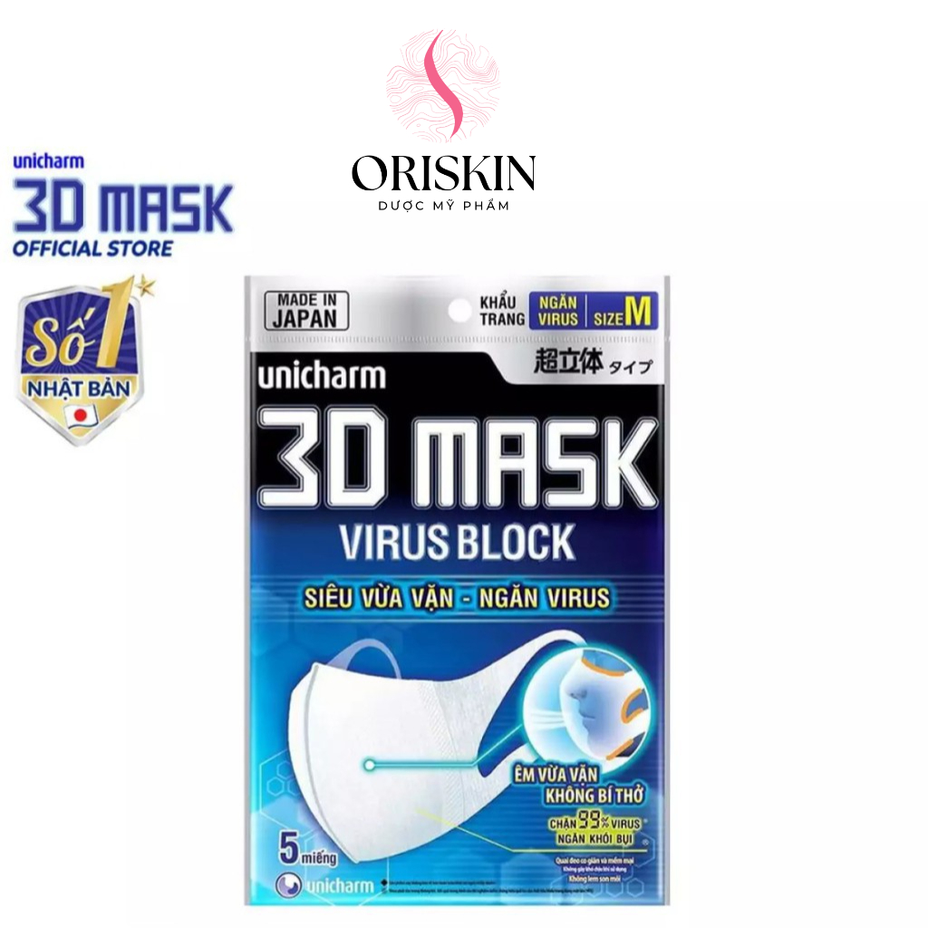 Khẩu Trang Ngăn Vi Khuẩn Unicharm 3D Mask Virus Block (5 Cái/Gói).