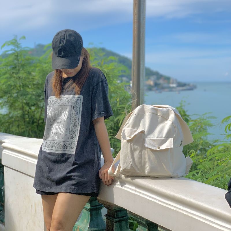 Balo vải canvas màu kem có ngăn nhỏ tiện lợi style unisex